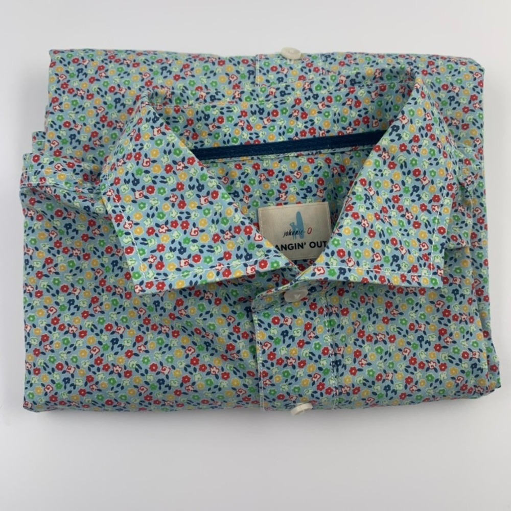 Johnnie-O Button Up Shirt Mens Large Gulf Blue Floral JMWS 1500 Short Slv